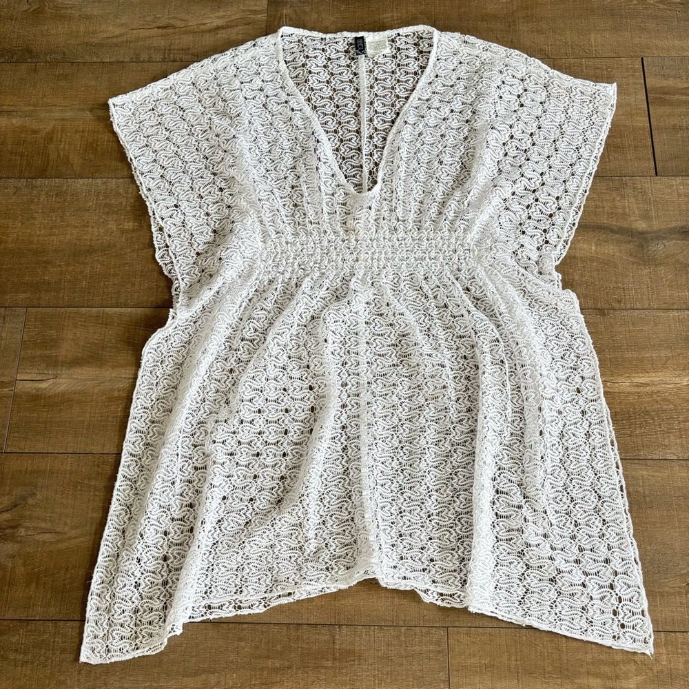 Becca Women's Swim coverup Crochet Knit Pullover White Tunic Size XS
